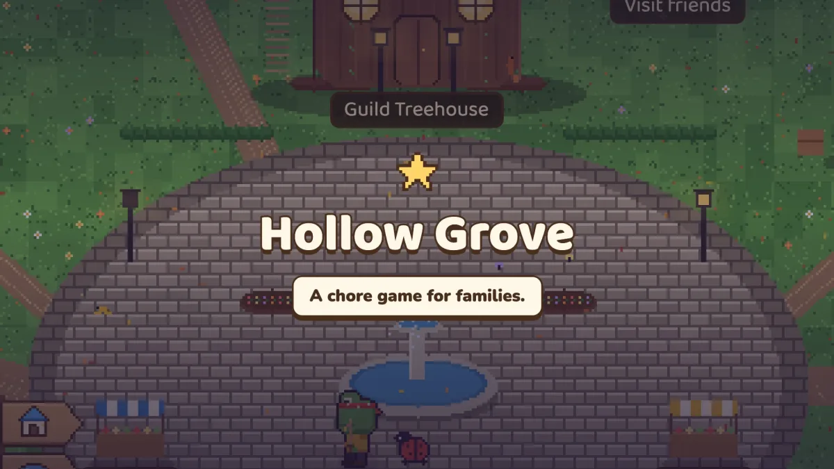 The Hollow Grove title screen: a fox stands in a pixel-art town square under the words "A chore game for families."
